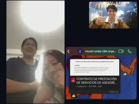 Videollamada de firma de contrato de Haziel y su mamá desde Huánuco con Pedro Cisneros en Buenos Aires