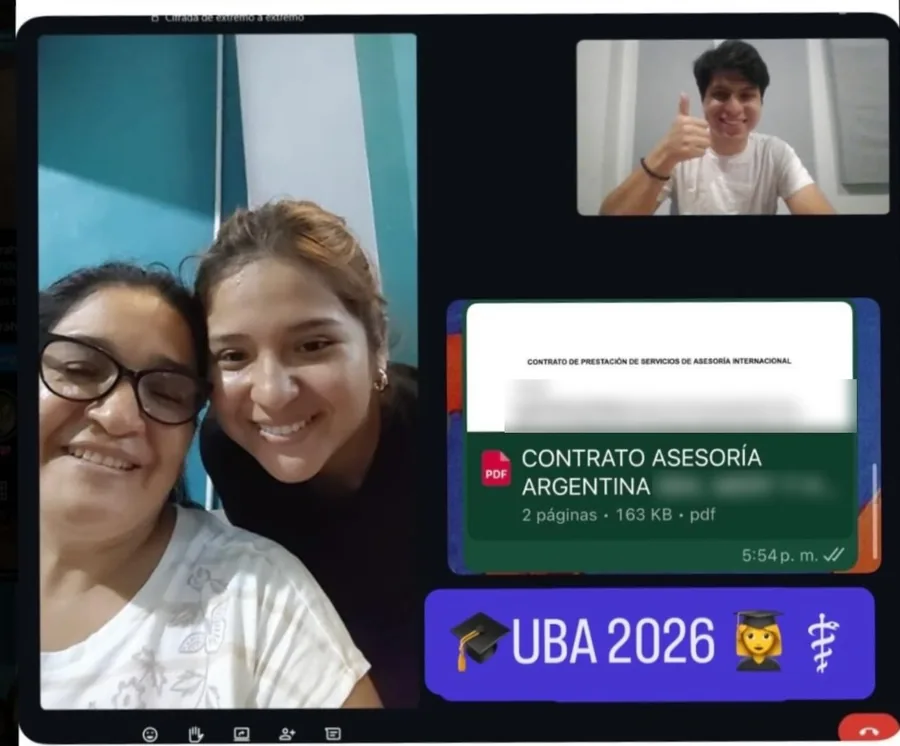 Videollamada de firma de contrato: Heidi y su mamá desde Amazonas y Pedro Cisneros desde Buenos Aires, con el contrato en PDF y el mensaje UBA 2026